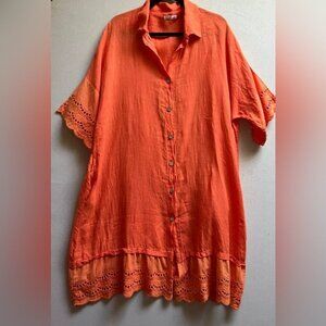 Vibrant Orange 100% Linen Made in Italy Button-Down Tunic Dress Sz XXL 26” PTP